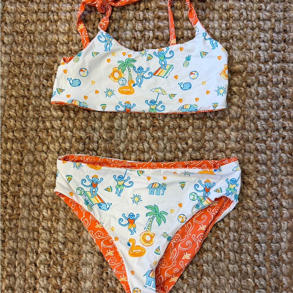 Kids Two-Piece Swim Set - Orange & White Monkey Print Reversible SZ 16